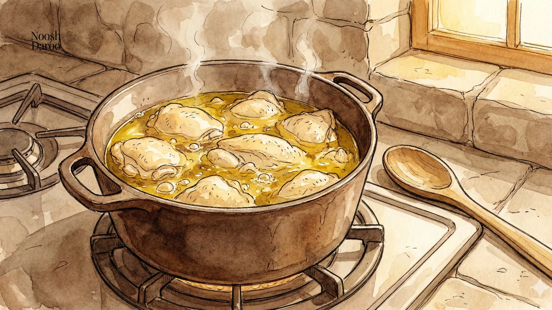 تصویری کارتونی از یک قابلمه روی گاز که تکههای مرغ داخل آن و درون روغن میپزند