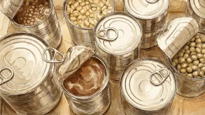 نمایی کارتونی از بالا از انواع کنسروهای سبزیجات مثل ذرت، نخود و گوجه فرنگی