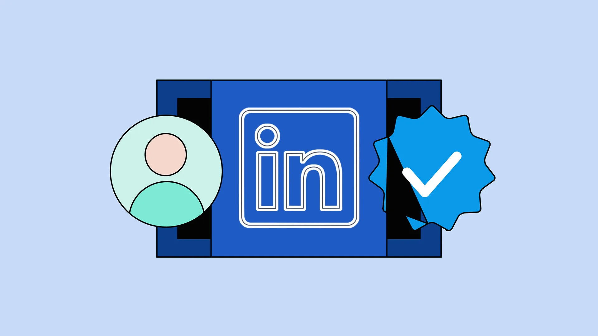 تصویری از لوگوی لینکدین در کنار تیک آبی رنگ احراز هویت و یک تصویر پروفایل نمادین