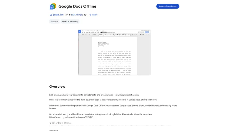 صفحه افزونه Google Docs Offline در فروشگاه وب کروم به همراه بخش Overview آن
