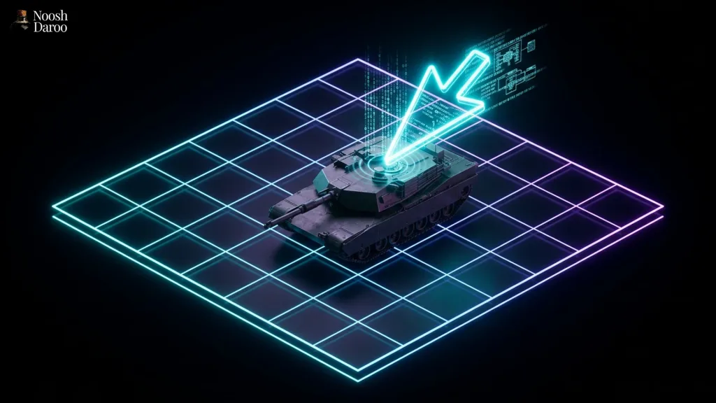 یک تانک قرار گرفته در یک صفحه شبیه بازی شطرنج در حالی که نماد یک موس دیجیتال روی آن قرار دارد با بک گراند مشکی که نشان‌دهنده تاثیر فناوری روی جنگ است