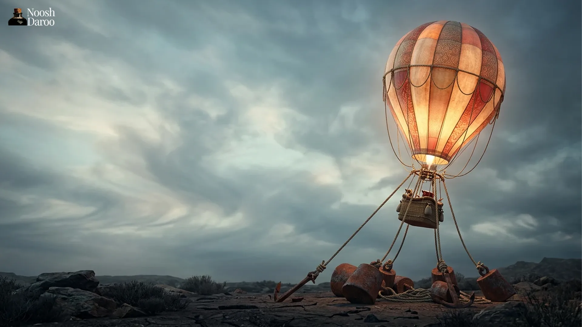 بالون هوای داغِ درخشان که با طناب به وزنههای زنگزده روی زمین بسته شده و در آسمان ابری تلاش میکند بالا برود؛ نمادی از اینترنت کند و محدودیتها که مانع سرعت میشوند.