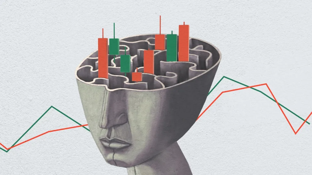 تصویری از نیمه پایینی چهره یک انسان و کندل‌های بازار مالی در هزارتوی ذهن او؛ نمادی از روان‌شناسی بازارهای مالی.