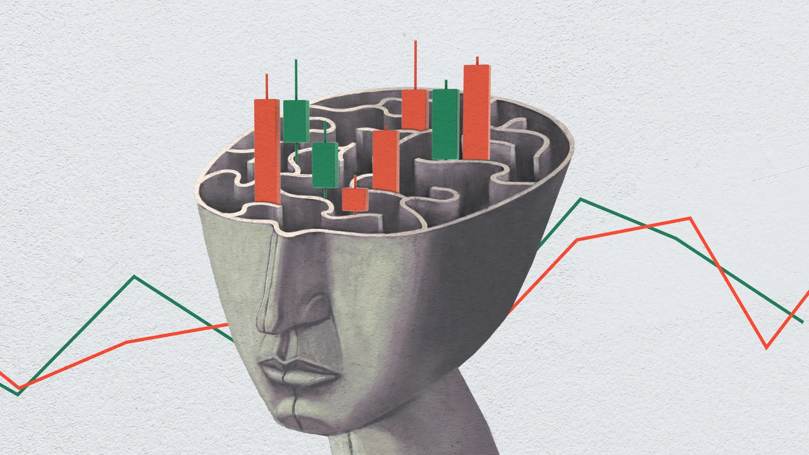 تصویری از نیمه پایینی چهره یک انسان و کندلهای بازار مالی در هزارتوی ذهن او؛ نمادی از روانشناسی بازارهای مالی.