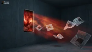 یک پنجره به شکل یک گوشی آیفون که پشت آن یک فضاسازی به رنگ قرمز و دود قرار دارد که از آن پنجره تعدادی روزنامه وارد یک اتاق تاریک می‌شود که مفهوم ورود اخبار از فضای وهم‌آلود و بحرانی دارد