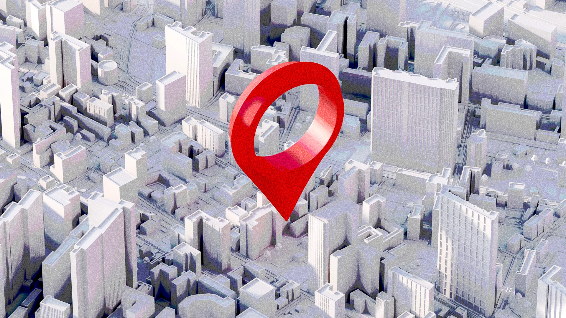 تصویری از نماد لوکیشن قرمز رنگ در میانه نقشهای سهبعدی از یک شهر و ساختمانهای سفیدرنگ آن