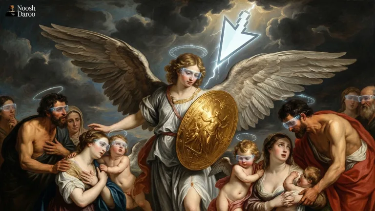 نقاشی کلاسیک از فرشته‌ای محافظ و مردمی با هدست‌های واقعیت مجازی زیر رعدوبرق یک نشانگر ماوس، که استعاره‌ای از تقابل قوانین انسانی و خودمختاری هوش مصنوعی برای بقاست.