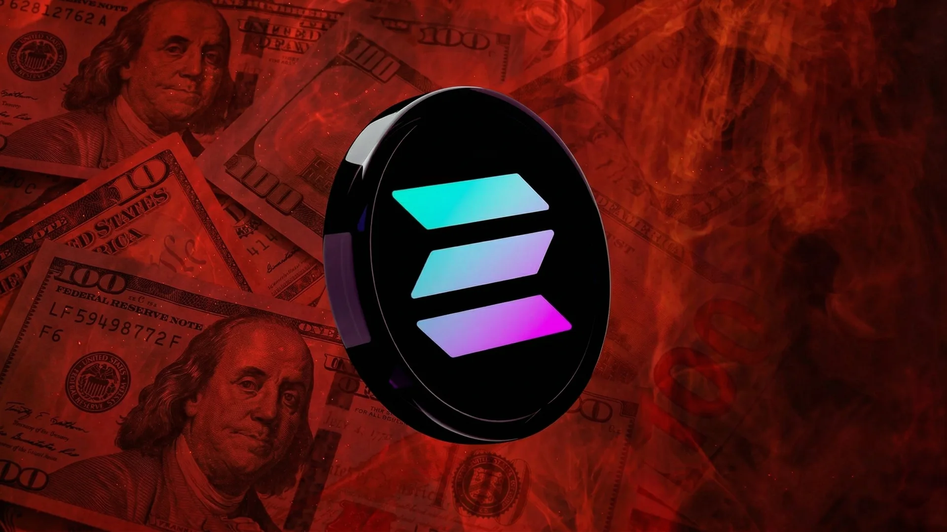 توکنی با لوگوی سولانا روی پس‌زمینه‌ای از اسکناس‌های دلار قرمز رنگ
