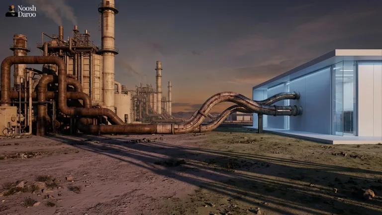 لوله‌های عظیم یک نیروگاه گازی فرسوده به ساختمانی مدرن شبیه دیتاسنتر وصل شده‌اند و وابستگی پنهان هوش مصنوعی به انرژی فسیلی را القا می‌کنند.