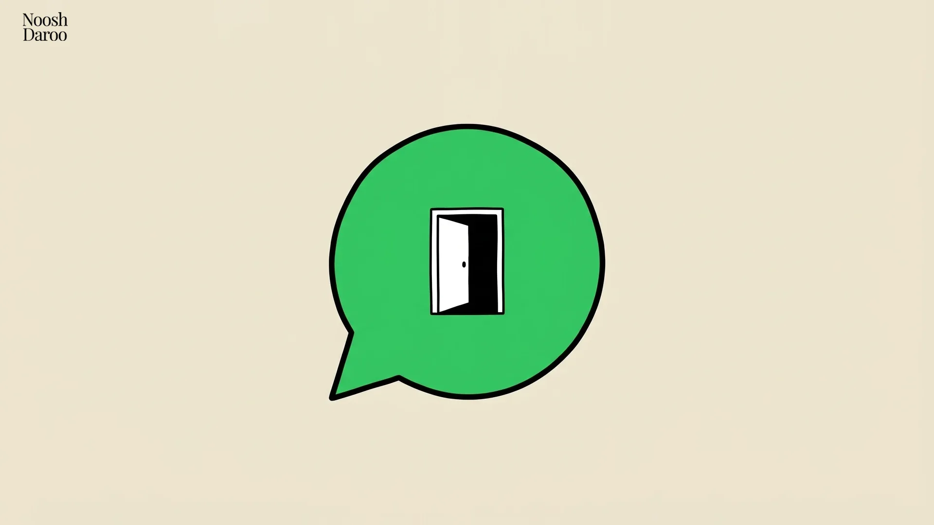 طرحی از حباب گفتگوی سبز رنگ شبیه به لوگوی واتساپ با دری نیمهباز در مرکز آن، که نمادی از نقض حریم خصوصی و وجود راههای نفوذ پنهان به پیامهای شخصی کاربران است.