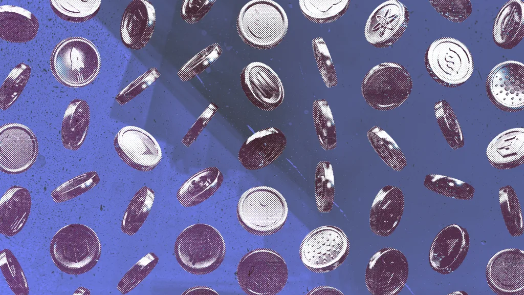 سقوط و چرخش سکه‌های دیجیتال با طراحی گرافیکی نقطه‌ای در پس‌زمینه آبی.