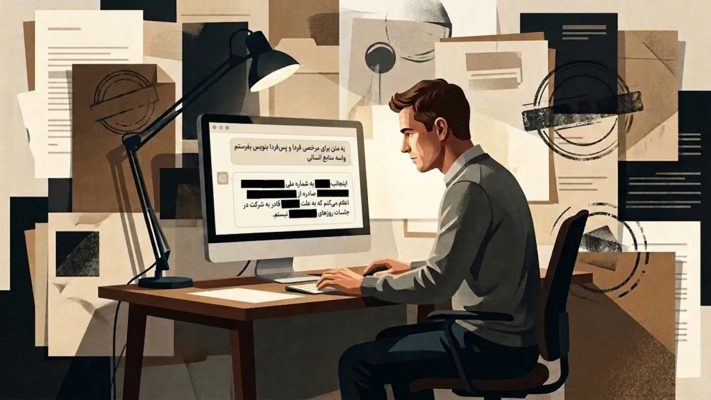 مردی پشت سیستم کامپیوتر نشسته و صفحه نمایش او یک مکالمه با هوش مصنوعی حاوی اطلاعات هویتی سانسور شده را به عنوان هشداری برای عدم اشتراک‌گذاری داده‌های حساس نشان می‌دهد.