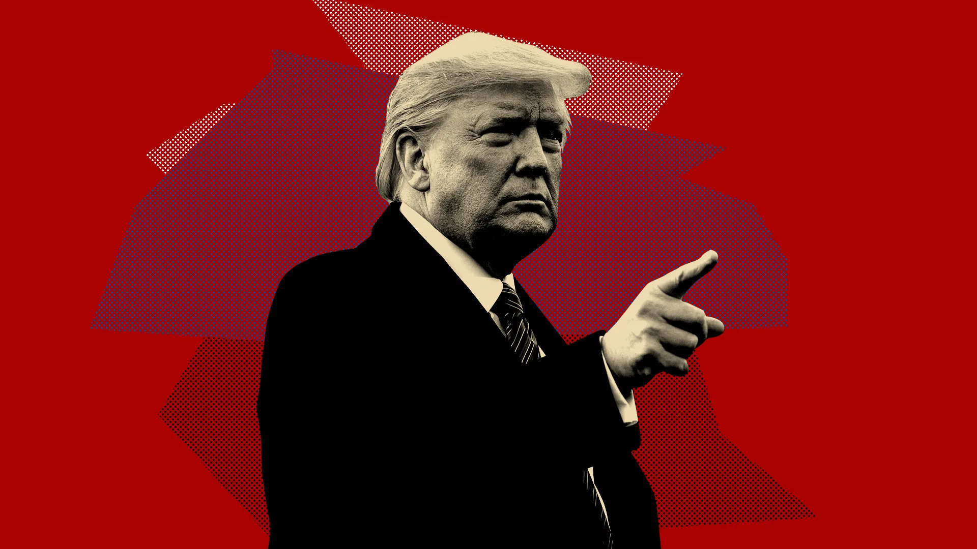 پرتره گرافیکی دونالد ترامپ با چهره‌ای جدی و انگشت اشاره به سمت جلو در برابر پس‌زمینه قرمز