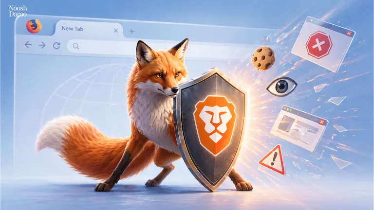 روباه فایرفاکس با سپر نشان‌دار Brave در برابر کوکی و نمادهای ردیابی