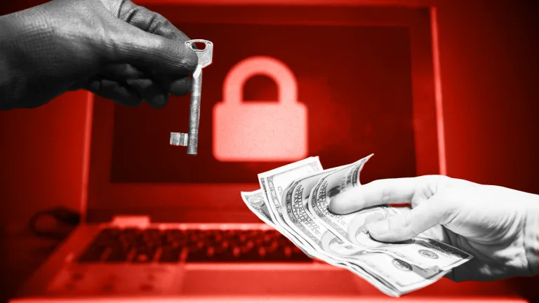 دستی پولی را در برابر لپ‌تاپی با صفحه قرمز و نماد قفل، برای دریافت کلید از یک دستکش سیاه دراز کرده است که نمادی از باج‌گیری سایبری و تلاش برای بازگردانی فایل‌هاست.