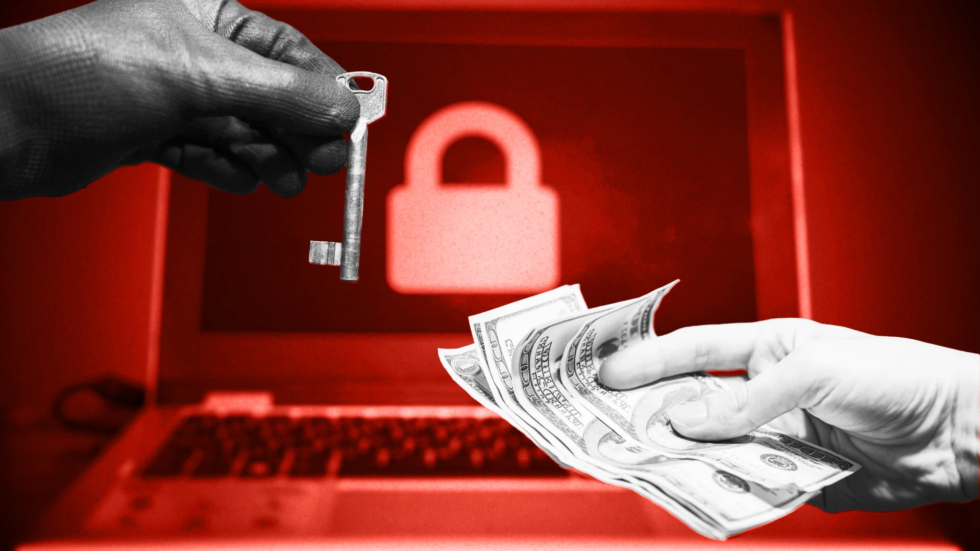 دستی پولی را در برابر لپ‌تاپی با صفحه قرمز و نماد قفل، برای دریافت کلید از یک دستکش سیاه دراز کرده است که نمادی از باج‌گیری سایبری و تلاش برای بازگردانی فایل‌هاست.