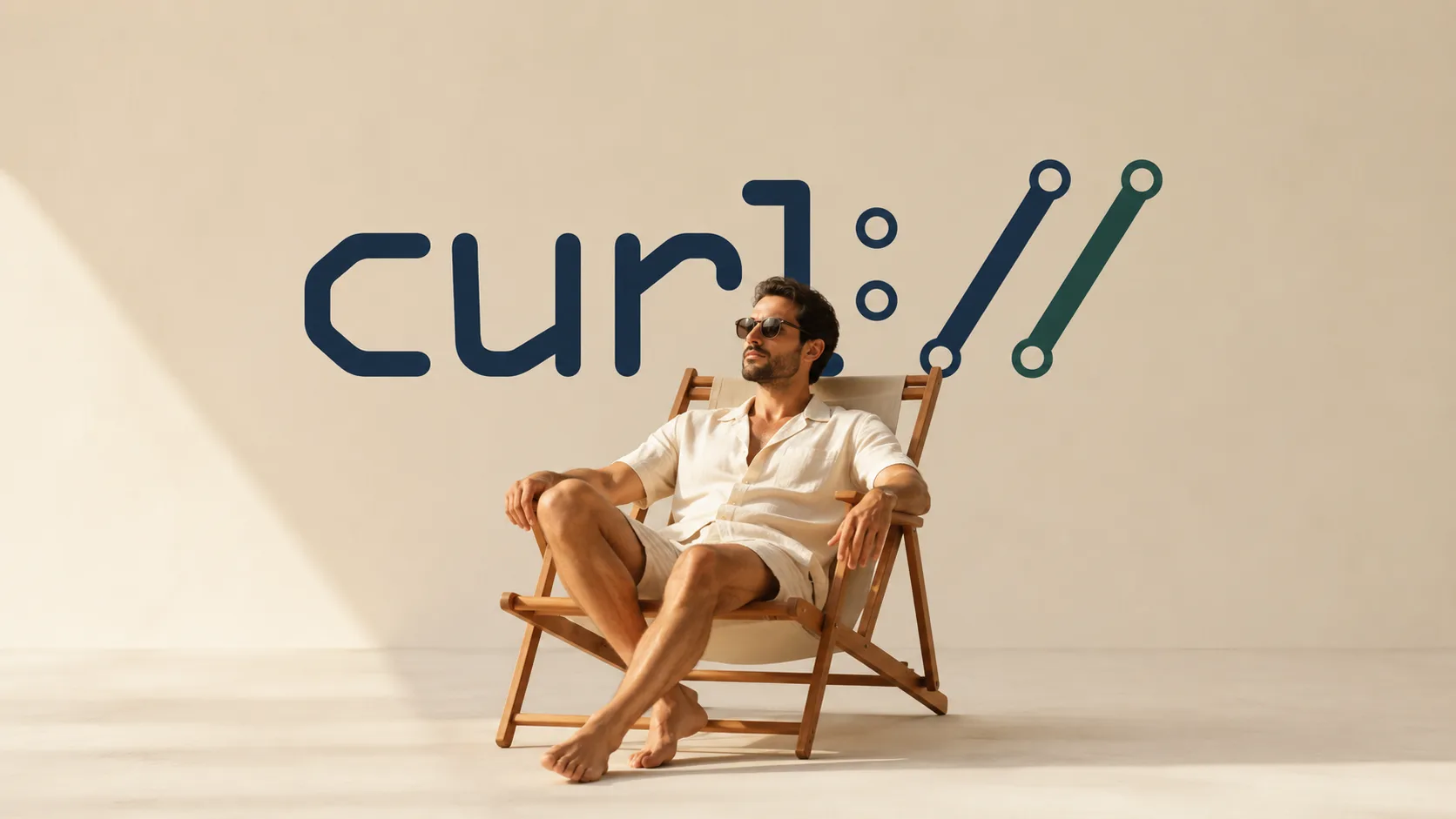 مردی با عینک آفتابی روی یک صندلی راحتی چوبی در پس‌زمینه‌ای با لوگوی بزرگ Curl در حال استراحت است که تصویرگر مرخصی یک ماهه و تعطیلات سازندگان این ابزار است.
