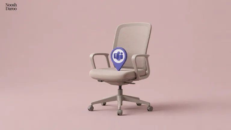 صندلی اداری با نشانگر مکان و لوگوی Microsoft Teams بالای آن
