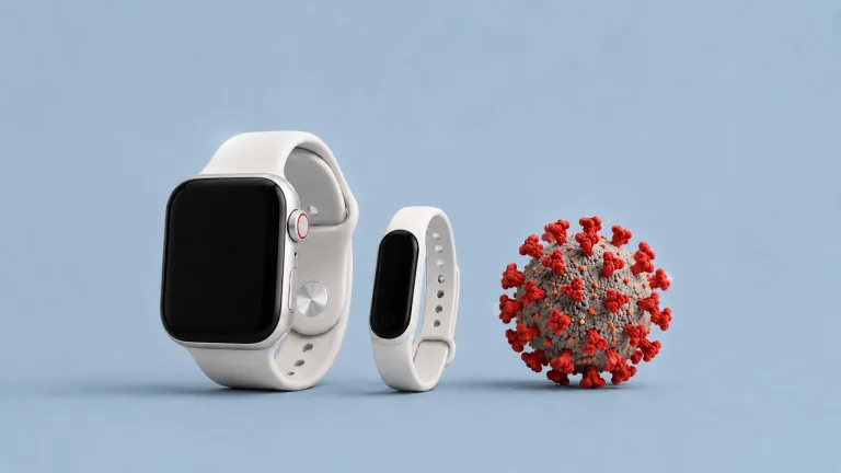 قرارگیری یک ساعت هوشمند و مچ‌بند سلامتی سفید در کنار مدل سه‌بعدی ویروس روی پس‌زمینه آبی