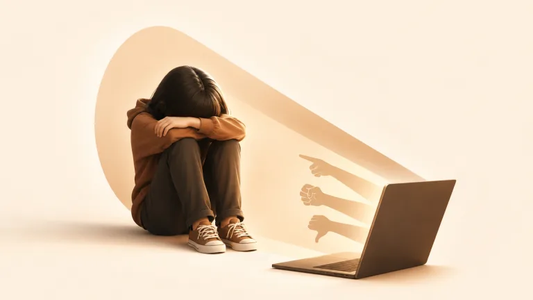 کودکی غمگین چهره‌اش را پنهان کرده، در حالی که سایه‌ دست‌هایی تهدیدآمیز از صفحه لپ‌تاپ به سمت او دراز شده که تجسمی از فشار روانی آزارهای اینترنتی است.
