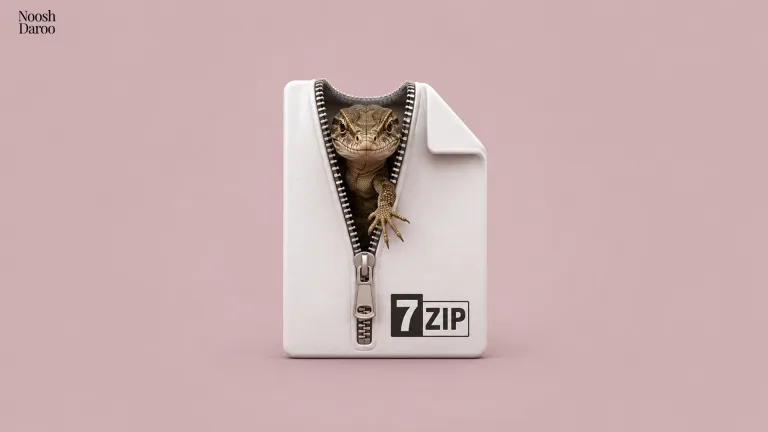 آیکون فایل فشرده 7ZIP که زیپ آن باز شده و خزنده‌ای از داخلش بیرون آمده است