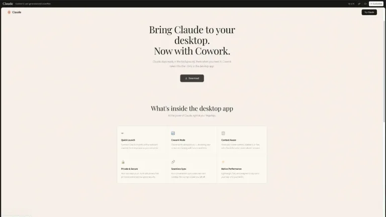 صفحه‌ی دانلود نسخه‌ی دسکتاپ کلود با تیتر Bring Claude to your desktop و دکمه‌ی دریافت برنامه