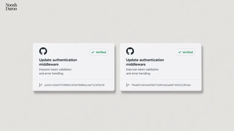 دو کامیت گیت‌هاب با پیام یکسان و نشان Verified اما شناسه‌های متفاوت