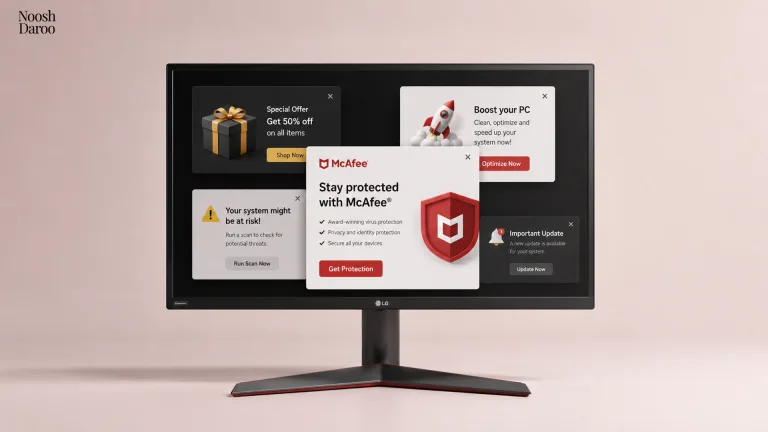 مانیتور ال‌جی که روی صفحه‌اش پنجره‌های تبلیغاتی McAfee و پیام‌های هشدار «سیستم شما در خطر است» باز شده