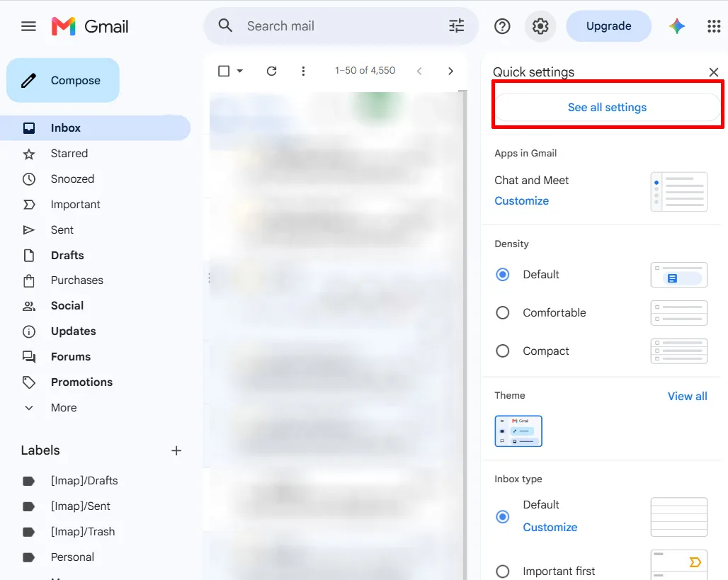 گزینه See all settings در تنظیمات جیمیل در مرورگر کروم