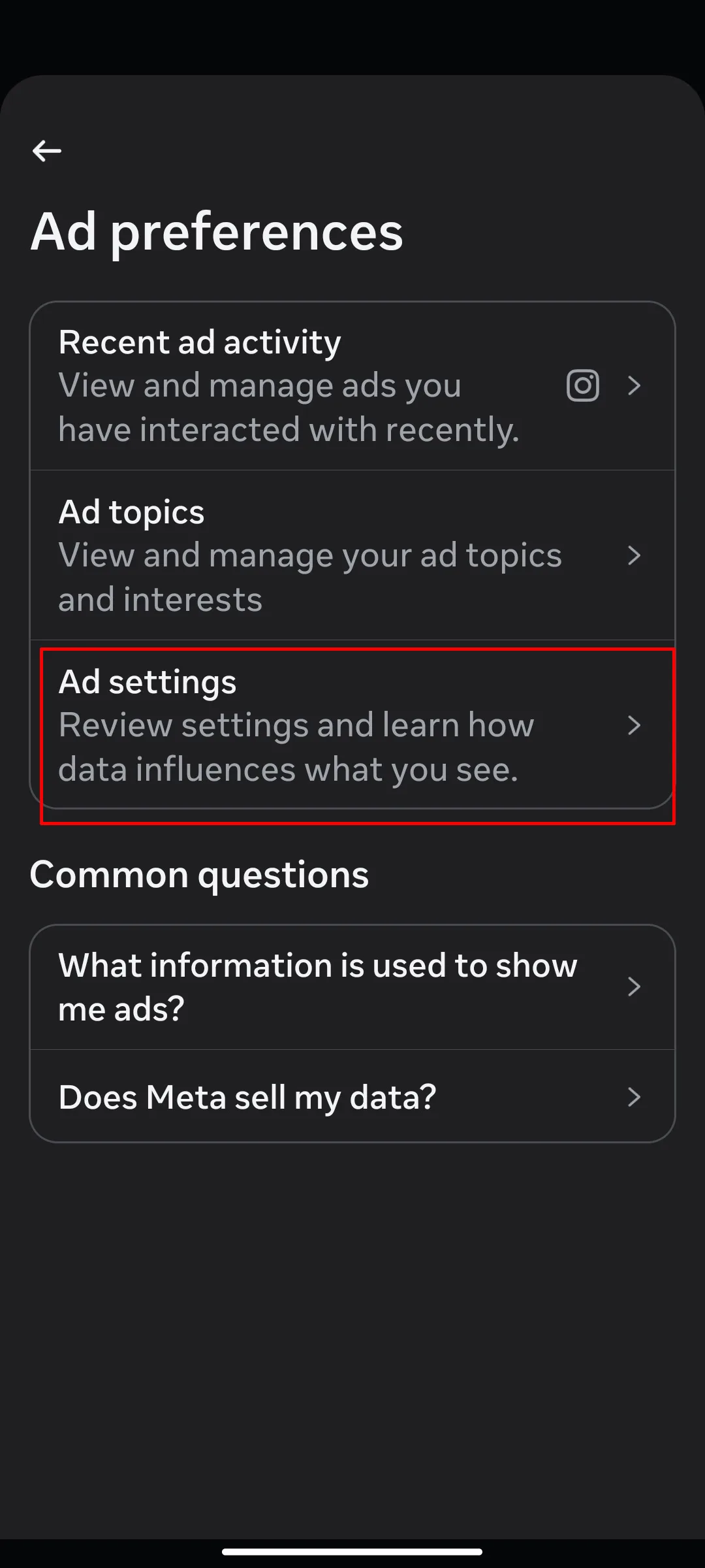 تنظیمات Ad preferences در اینستاگرام