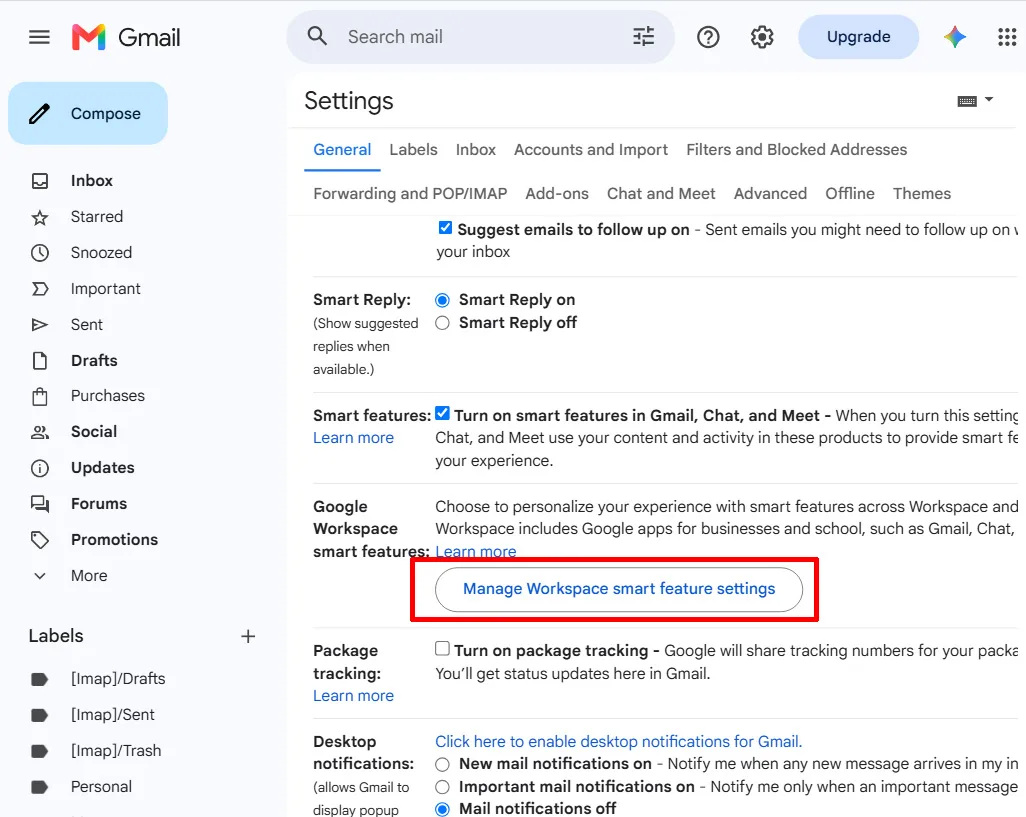 گزینه Manage Workspace smart feature settings در تنظیمات جیمیل در مرورگر کروم