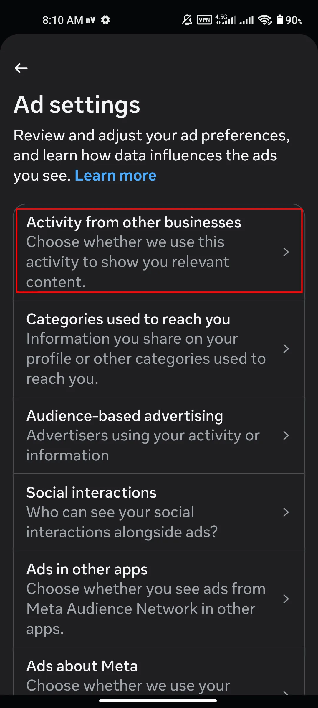 تنظیمات Ad settings در اینستاگرام