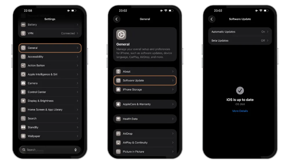 ۳ گوشی آيفون رد کنار هم در حال نمایش مراحل به‌روزرسانی سیستم‌عامل iOS