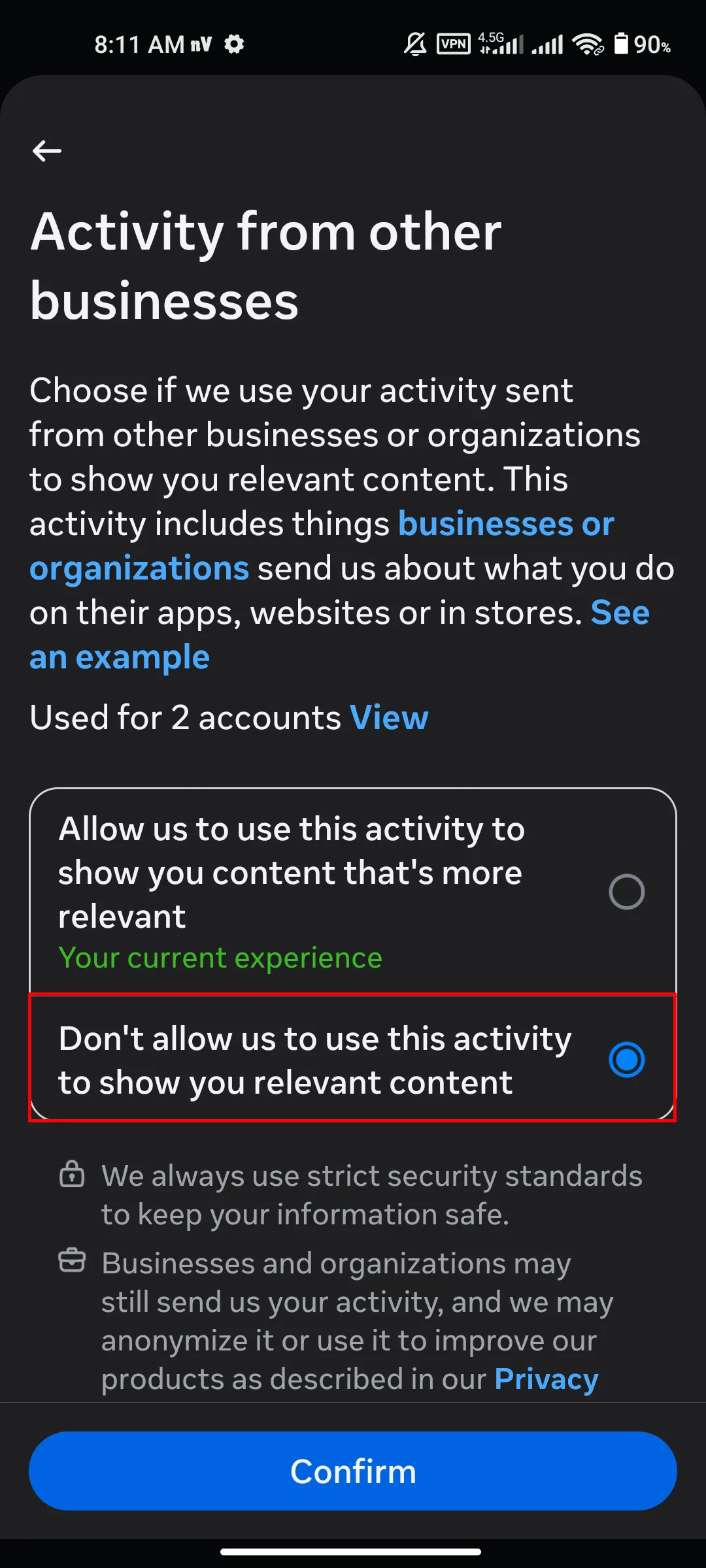 تنظیمات منوی Activity from other businesses در اینستاگرام