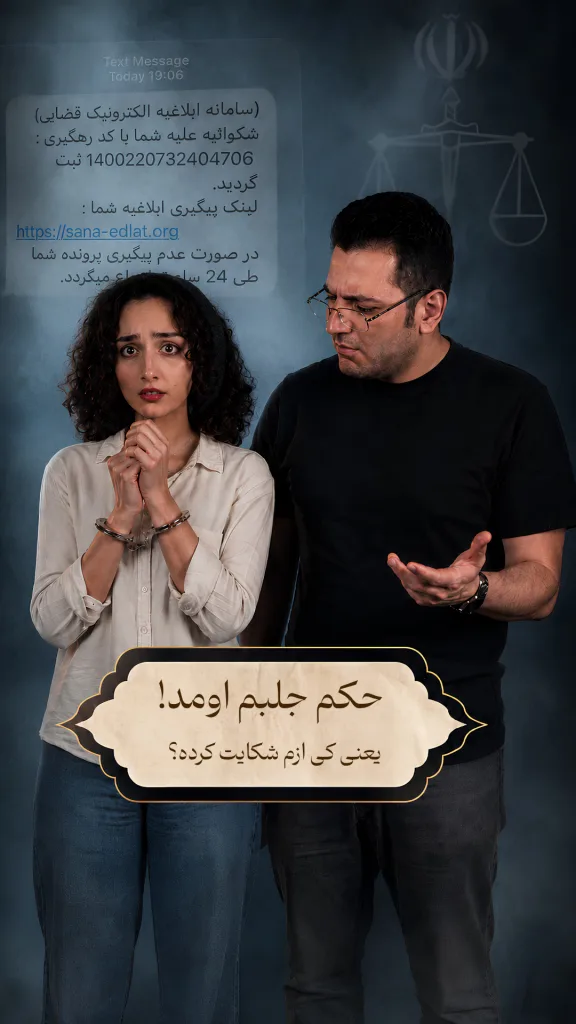 تصویر یک دختر که به دست‌هایش دستبند زده‌اند و یک مرد جوان که با حالت سوال و تعجب به او نگاه می‌کند. در پس زمینه، تصویری از یک پیام از طرف قوه‌ی قضاییه با لوگوی قوه‌ی قضاییه به شکل کمرنگ دیده می‌شود و روی تصویر این تیتر نوشته شده است:«حکم جلبم اومد! یعنی کی ازم شکایت کرده؟»
