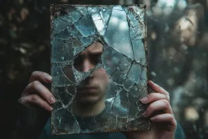 مردی قاب آینه‌ای ترک‌خورده را جلوی صورتش گرفته و چهره‌اش در تکه‌های شکسته، تکه‌تکه دیده می‌شود