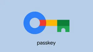 آیکون کلید با رنگ‌های آرم گوگل و نوشتهٔ passkey زیر آن روی زمینهٔ آبی روشن