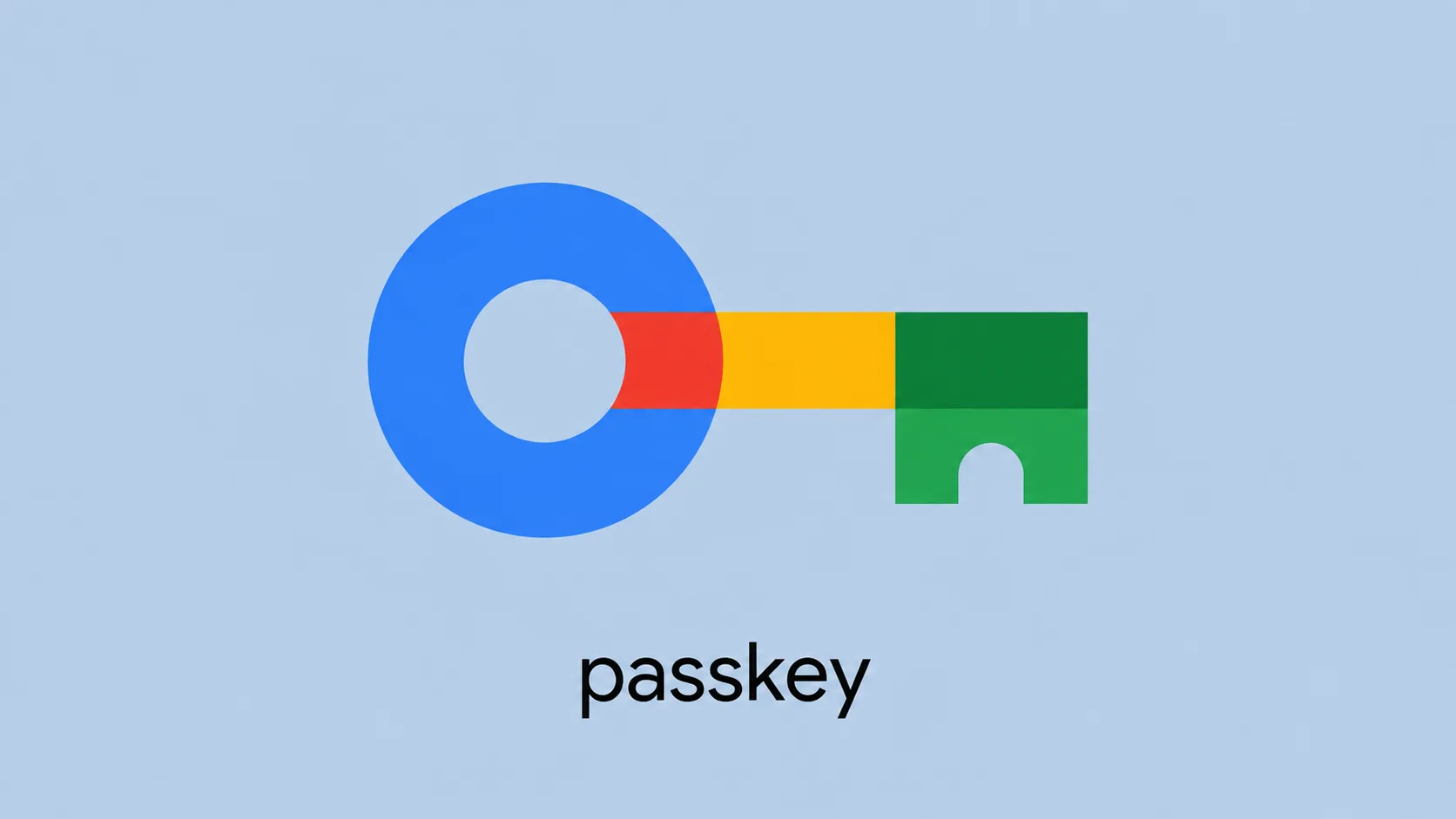 آیکون کلید با رنگهای آرم گوگل و نوشتهٔ passkey زیر آن روی زمینهٔ آبی روشن