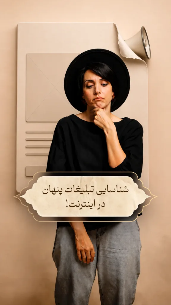 مجری در حال تفکر با پس‌زمینه‌ای از یک بنر تبیلغاتی و بلندگو که نشانه‌ی تبلیغ است. روی تصویر تیتر «شناسایی تبلیغات پنهان در اینترنت!» نوشته شده است.