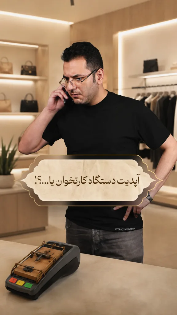 یک مرد که با حیرت و ناراحتی در حال صحبت با تلفن است؛ پشت صحنه تصویر یک فروشگاه و روی میز یک دستگاه کارتخوان (POS) دیده می‌شود که روی آن تله موش قرار گرفته است، به‌عنوان نماد کلاهبرداری از طریق فریب و ادعای پشتیبانی دستگاه پوز.