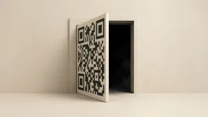 دری به شکل یک کد QR که در حالت نیمه‌باز است و پشت آن فضایی تیره و سیاه دیده می‌شود، نمادی از کلاهبرداری به روش کویشینگ.