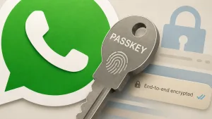 لوگوی سبز واتس‌اپ در کنار یک کلید فلزی بزرگ با نوشته PASSKEY و نقش اثر انگشت روی آن، و در سمت راست قفل و حباب پیامی با برچسب End-to-end encrypted