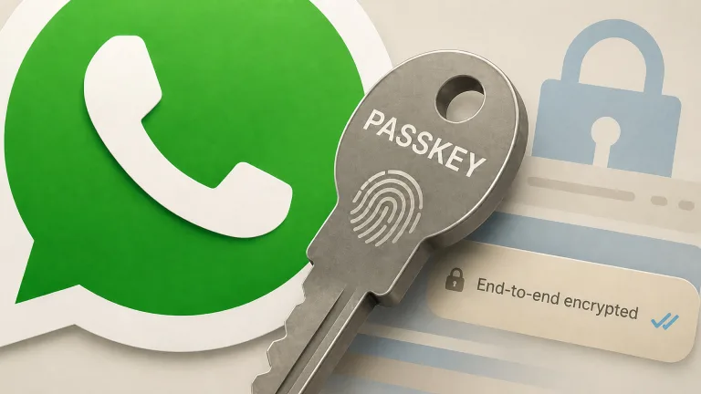 لوگوی سبز واتس‌اپ در کنار یک کلید فلزی بزرگ با نوشته PASSKEY و نقش اثر انگشت روی آن، و در سمت راست قفل و حباب پیامی با برچسب End-to-end encrypted
