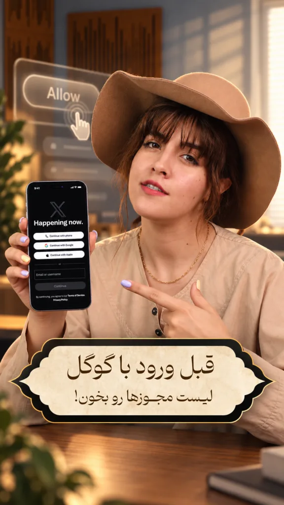 تصویر یک دختر جوان که دارد صفحه‌ی ورود با گوگل را روی گوشی خود نشان می‌دهد. تیتر روی تصویر: قبل ورود با گوگل، لیست مجوزها رو چک کن!