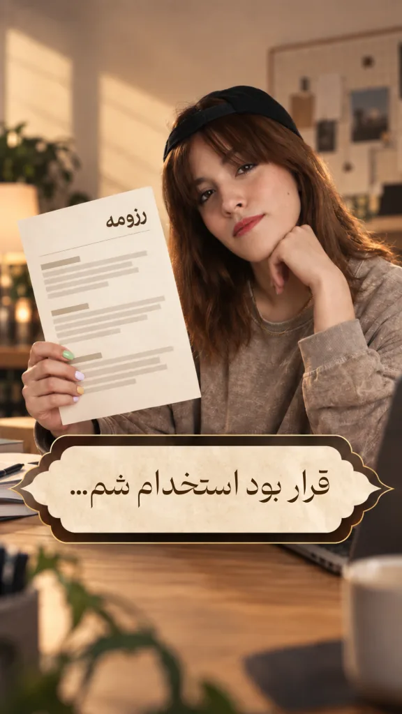 یک دختر جوان در یک فضای نیمه رسمی که یک رزومه در دست دارد. تیتر روی تصویر: قرار بود استخدام شم..