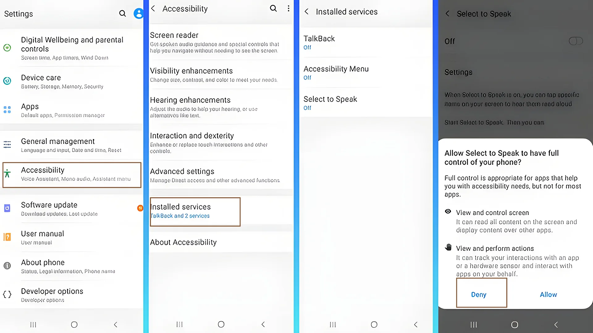 مدیریت دسترسی Accessibility (دسترسی‌پذیری) و جلوگیری از کنترل کامل گوشی در تنظیمات اندروید