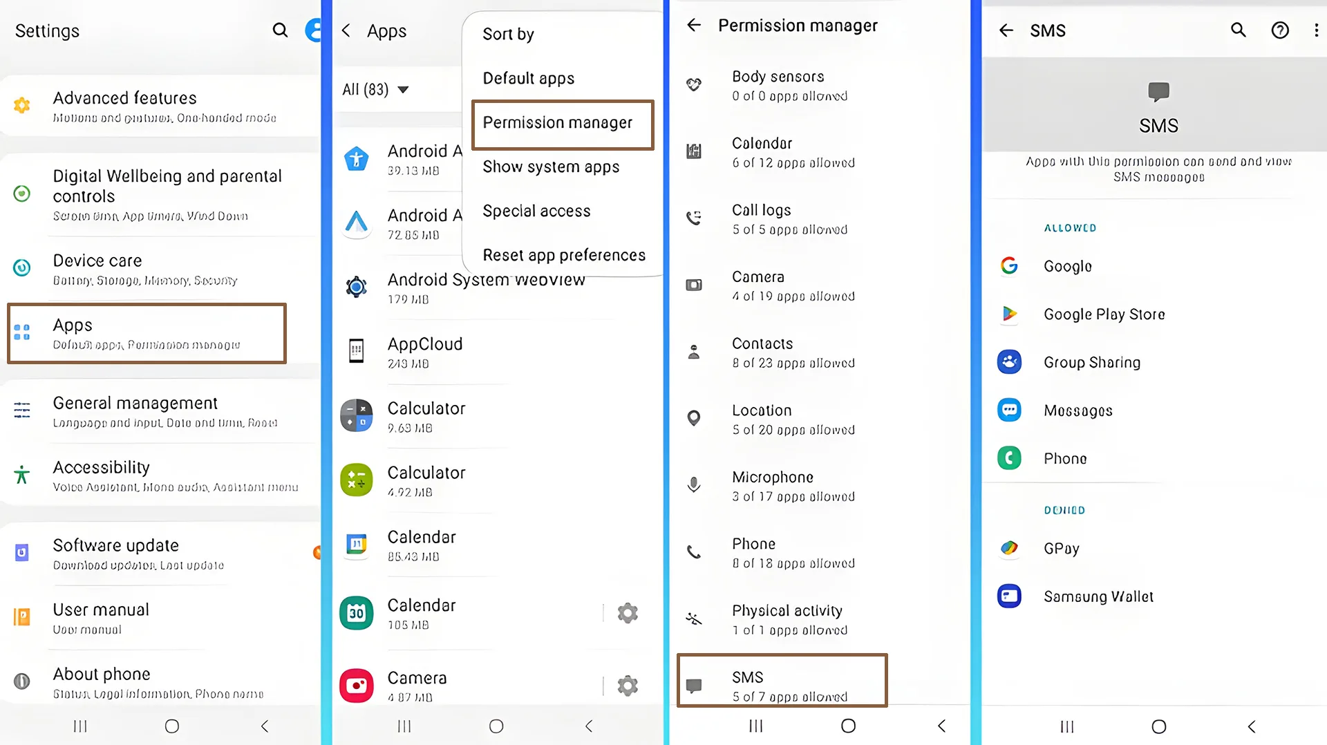 مدیریت دسترسی برنامه‌ها به پیامک‌ها (SMS) از طریق بخش Permission manager در تنظیمات گوشی‌های اندرویدی