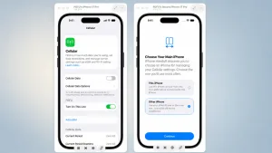 دو آیفون کنار هم در iOS 27؛ گوشی چپ صفحه تنظیمات Cellular را نشان می‌دهد و گوشی راست صفحه‌ی راه‌اندازی iPhone Handoff را با پرسش «کدام آیفون دستگاه اصلی باشد؟» و دو گزینه This iPhone و Other iPhone