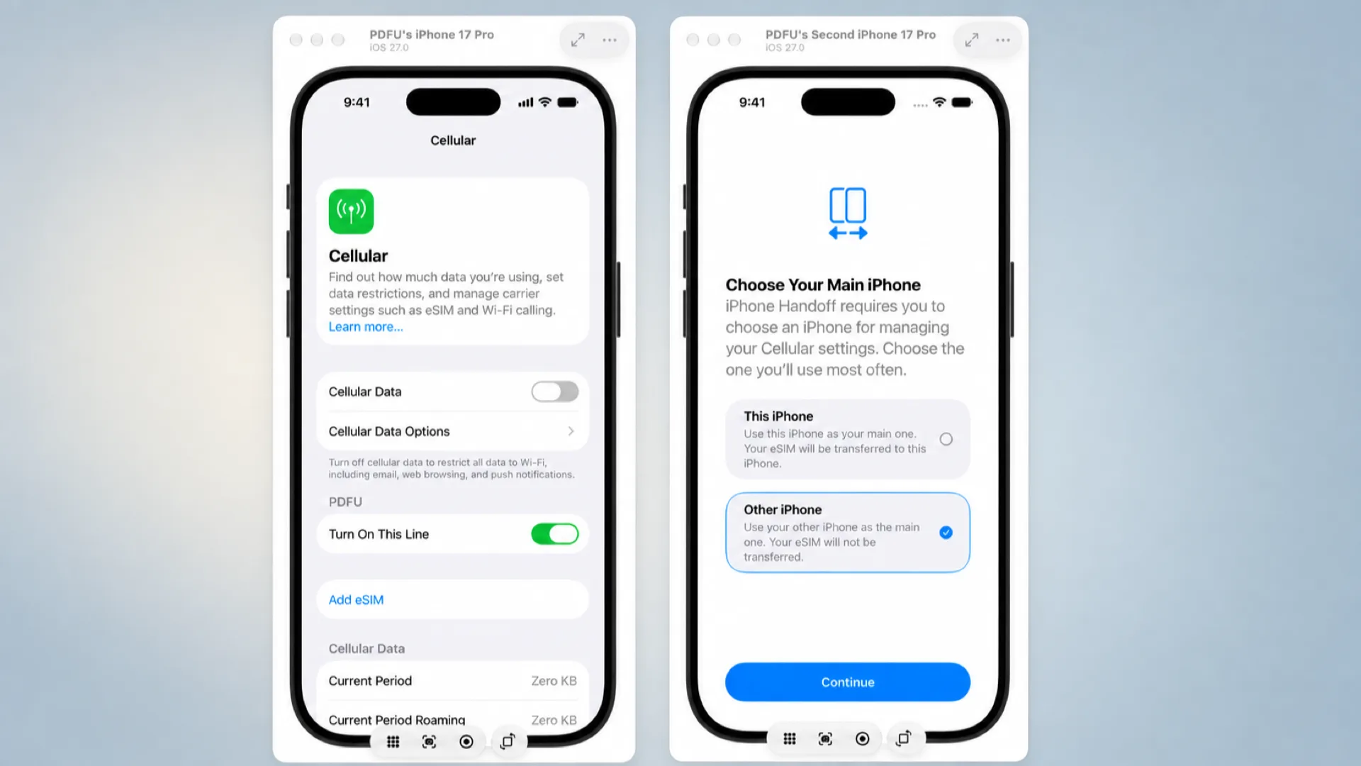 دو آیفون کنار هم در iOS 27؛ گوشی چپ صفحه تنظیمات Cellular را نشان میدهد و گوشی راست صفحهی راهاندازی iPhone Handoff را با پرسش «کدام آیفون دستگاه اصلی باشد؟» و دو گزینه This iPhone و Other iPhone