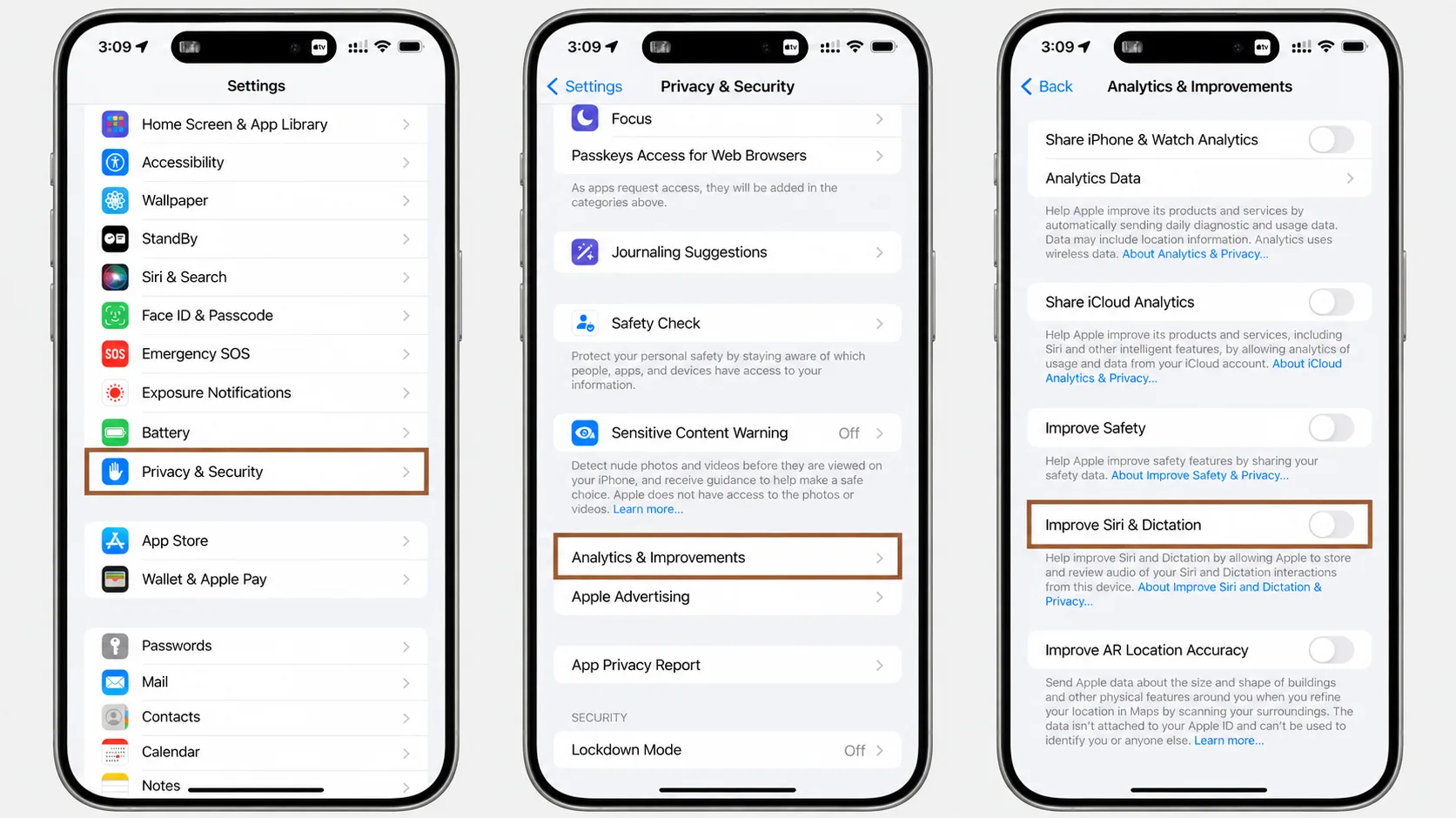 سه نمای پشتسرهم از تنظیمات آیفون که مسیر رسیدن به گزینه Improve Siri & Dictation را نشان میدهد: گزینه Privacy & Security در فهرست Settings، سپس Analytics & Improvements و در پایان کلید خاموشِ Improve Siri & Dictation.
